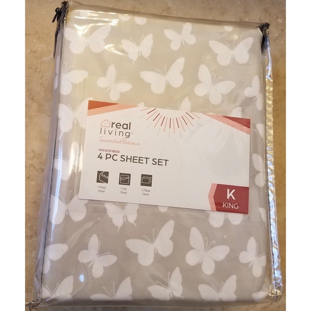 Real Living Sunwashed Bohemia 4pc KING Sheet Set Microfiber Soft Butterflies NEW